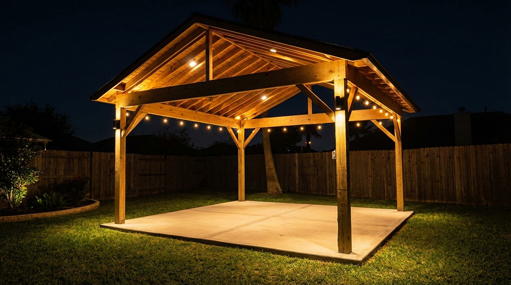 Outdoor wooden pavilion with concrete patio
