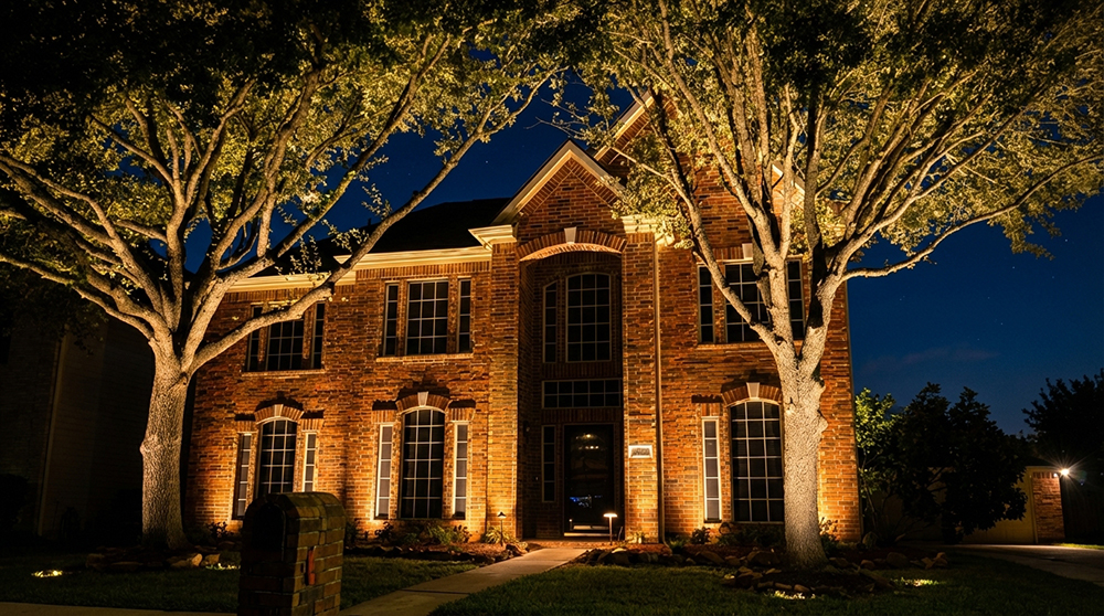 Professional nighttime residential exterior lightscaping