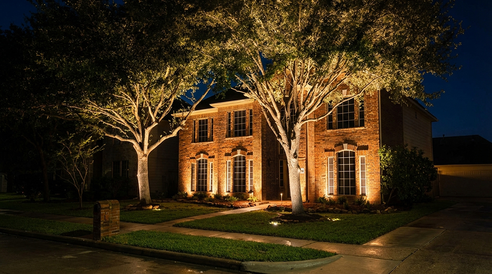 Outdoor lightscaping on residential brick home