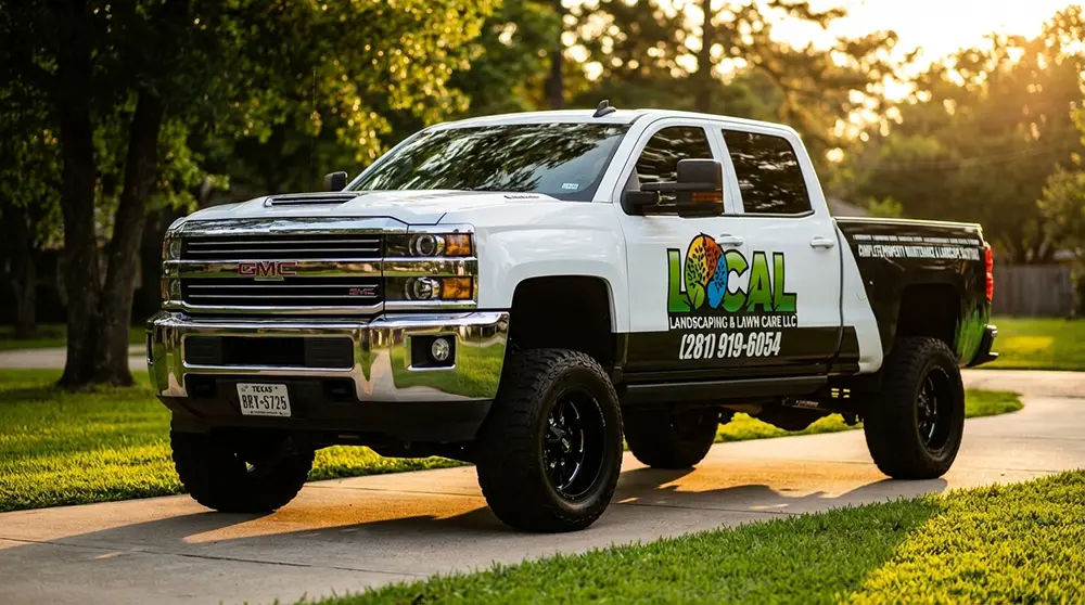 Local Landscaping & Lawn Care branded truck in Baytown, TX